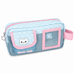 MAJESTICX Denim Patchwork Pencil Case Cat Star Print Large Capacity Pen Bag Durable Pencil Pouch Gift