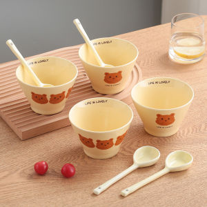 Chén Gấu Nâu Hình Nón Kèm Muỗng Bát Ăn Cơm Bát Chè Chất Liệu Gốm Sứ Kèm Muỗng Cao Cấp
