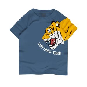Kaos anak laki laki usia 4-12 tahun motif binatang dinosaurus ST FIERCE TIGER Warna Denim Bahan Adem
