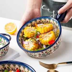 SKJK With Handles Ceramic Baking Tray Rectangular Double Ear Baking Dish Decorative Tableware Flower Pattern Baking Plate Microwave Safe
