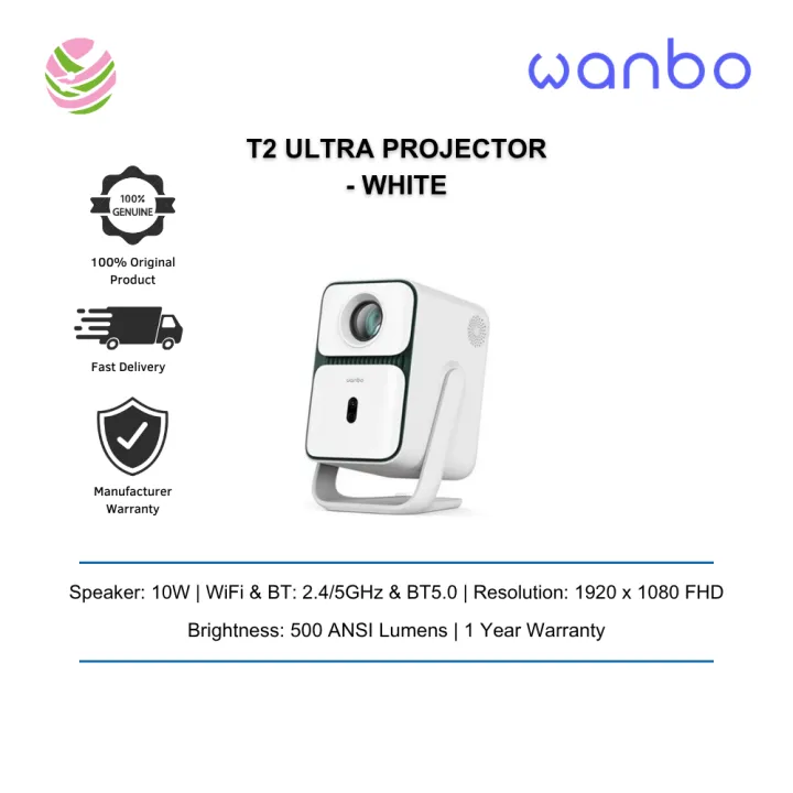WANBO Projector (T2 ULTRA)-Android 11, 1+8G, 1080P, 500 ANSI, Auto-Focus, EU-Plug, Battery Excluded White