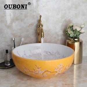 LDIES Bowl Shaped Ceramic Bathroom Basin Set Art Flower Pattern Sink With Golden Or Antique Faucets Hot Cold Mixer Taps Z8K4H