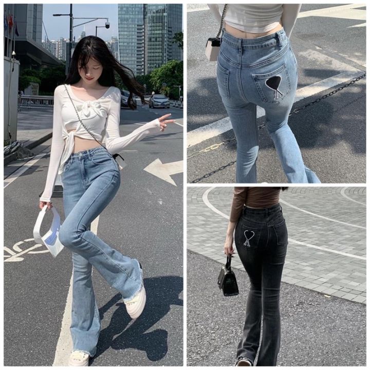 Quần Jean Ống Loe Lưng Cao Họa Tiết Hình Trái Tim Siêu Hack Dáng