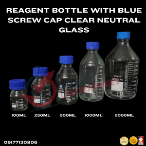 REAGENT BOTTLE WITH BLUE SCREW CAP CLEAR NEUTRAL GLASS