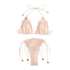 2Pcs/Set Fashion Summer Lace Bikini Set Hollow Bandage Triangle Swimwear Casual Patchwork Bathing Suit Vacation
