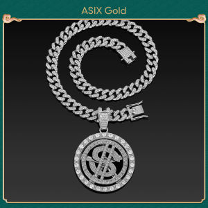 ASIX GOLD Fashion Large Rotatable Dollar Sign Pendant Hip Hop Cuban Chain Necklace For Men Cool Guy Lucky 916 24K 18K Gold Plated Tarnish Free Waterproof Hypoallergenic Perfect Gift