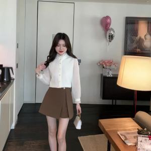 Ammin kiểu Pháp mùa xuân và mùa thu thời trang lỏng lẻo tất cả các trận đấu nổi ren áo voan 2024 cổ xếp nếp VAI NGỌT NGÀO giảm béo ống tay phồng áo ren