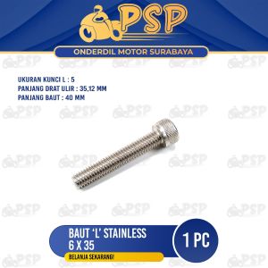 Baut "L" Stainless 6x35 (Harga 1 PC) - Baud Stanlis Baut 10 Kunci L 5 M6 Panjang 35 mm SUS 304