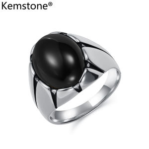 Kemstone Vintage Tiger Eye Titanium Steel Men‘s Rings Oval Egg Geometric Cast Ring