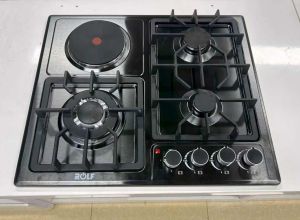 60CM Built‑in Gas & Electric Hob 3 Gas Burner 1 Electric Hot Plate Stainless Steel Panel Pulse Ignition Flame‑Out Safety with Cast Iron Grate for Kitchen