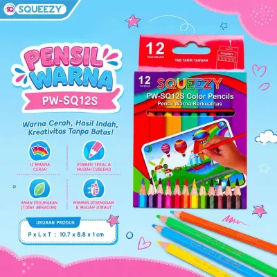 Pensil Warna Pendek 12 Warna Squeezy Murah PW-SQ12S