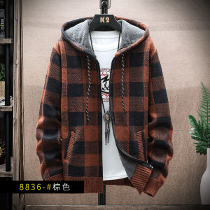Mens Fleece Warm Cardigan Plaid Sweater Hooded Winter Clothes Korean Knit Coat Full Zip Cardigans Jacket Fashion Jumper