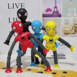 IPIE2 เรืองแสงในที่แคบ โมเดลสไปเดอร์แมน18ซม. ยืดยืดได้ การ์ตูนลายการ์ตูน ของเล่นถ้วยดูดซูเปอร์ฮีโร่ น่าสนใจและน่าสนใจ มาร์เวล ของเล่นท่อป๊อปสไปเดอร์แมน เด็กๆเด็กๆ