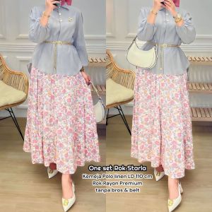 Thalita Set Rok -  One Set Wanita Kemeja Linen Premium Lengan 7/8 Setelan Wanita Kekinian Rok Rayon