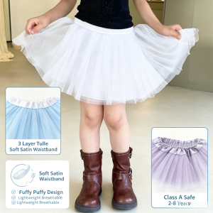 AILEBE Kids Skirt 3 Layer Tulle Tutu Skirt For Girls Soft Elastic Satin Waistband Lightweight Breathable Fluffy Puffy Design Class A Safe For Sensitive Skin Perfect For Dance &amp Daily Wear Girls 2-8 Years