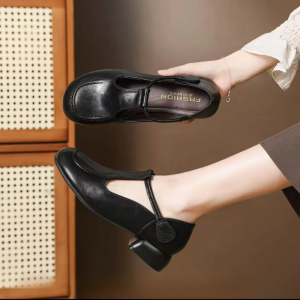 Womens Autumn Round Toe Soft Bottom Comfortable Chunky Heeled Single Shoes One Strap Single Shoes