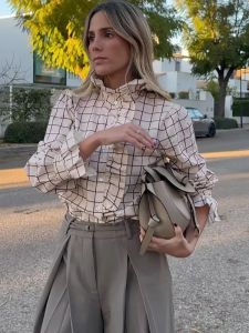 Sweet Women Ruffles Plaid Purple Shirts 2026 Fashion Ladies Casual Stand Collar Blouses for Party Female Elegant Tops Clothes2026