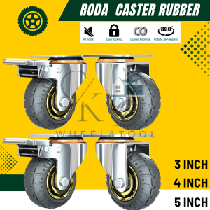 RODA CASTER RUBBER HITAM EMAS SET 4 PC HIDUP REM 3 4 5 INCH