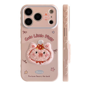3D Paste Plush Cartoon Pig Pink Soft Case for iPhone 12 13 14 15 16 17 Pro Max Personalized Phone Case for iPhone 15 Pro Max Case