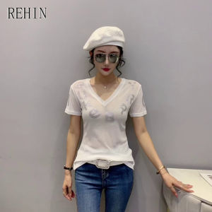 REHIN Womens top letters with diamonds V-neck short-sleeved T-shirt fashion stretch micro-permeable thin blouse