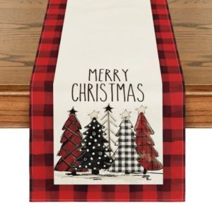 Perfect Mom and Baby Linen Christmas Table Runner Christmas Tree Print Reusable Waterproof Xmas Home Dining Table Decor Holiday Decoration