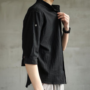 2022 Summer Chinese Linen Mens Shirts Traditional Clothing Retro Medieval Casual Stand Collar Short Sleeves Solid Color Mens Tops