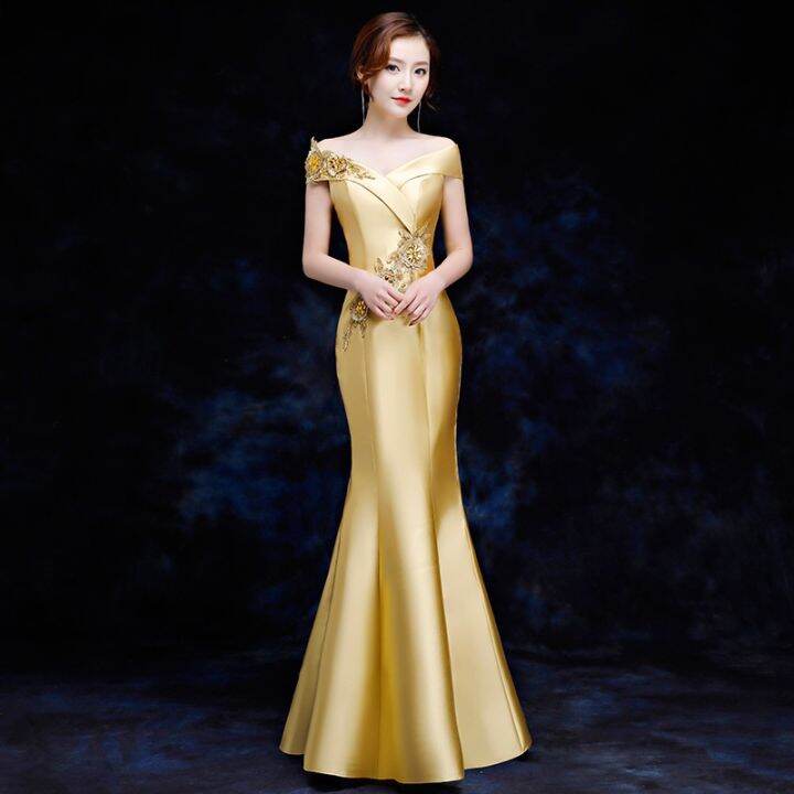 Gold satin 2024 evening dress