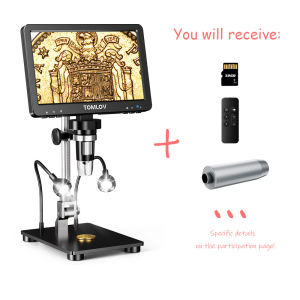 TOMLOV DM9 Pro HDMI Digital Microscope with 7 IPS Screen 1200X Video Coin Microscope for Entire Coin View 16MP Soldering Microscope with Metal Stand 10 LED Lights SD Card Include Remote Control
