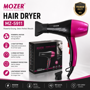 Mozer MZ-5911 Professional Hair Dryer 3000W Hot & Cold Air Blow Dryer Ionic Fast Drying Hair Dryer 2 Heat & 2 Speed Settings Salon Hair Styling Pengering Rambut