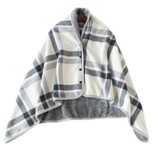 Wearable Plaid Fleece Blanket With Button Warm Throw Blanket Four season universaloffice nap blanket