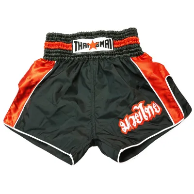 Thaismai - W.001กางเกงมวย กางเกงมวยไทย ชุดต่อสู้ สีดำ/แดง Thai Boxing Shorts Thai Boxing Pants Black Nylon Red Strip THAIFIGHTPRO