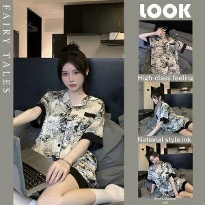 【SingaBralette】 Pajama Women Ice Silk Short Sleeve Suit Court Style Large Home Clothes Sleepwear Set Two Piece Plus Size Pajamas