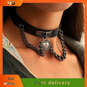 HB Personality Punk Chain Tassel Black Leather Choker Necklace For Women Y2K Metal Heart-Shaped Zircon Necklaces Gothic Jewelry