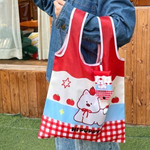 YOCKY Kawaii Foldable Shopping Bag Reusable Nylon Handbag Tote Bag Large Capacity Supermarket Storage Bag Women