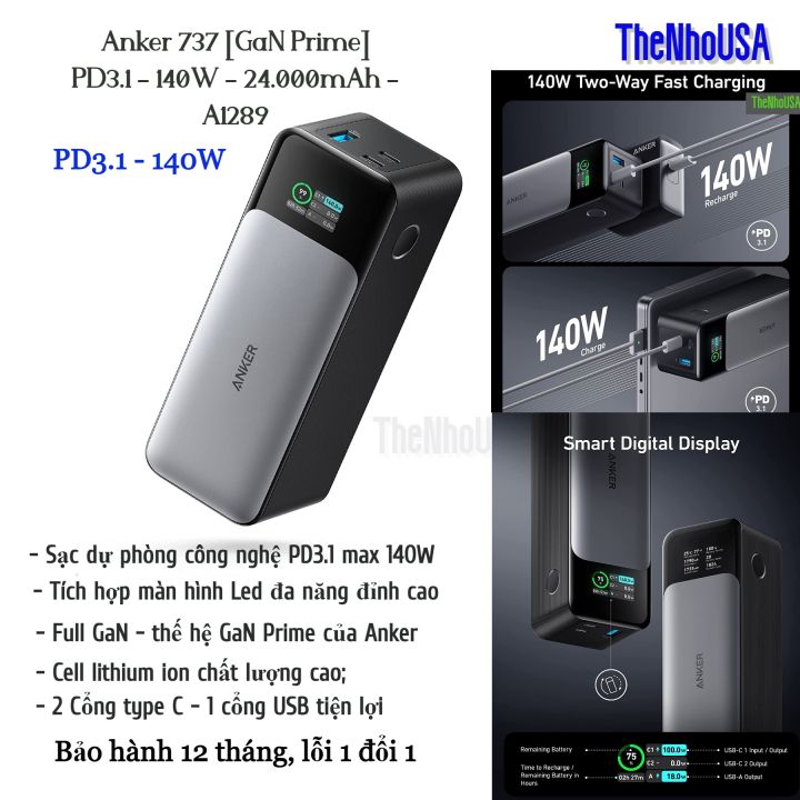 Pin dự phòng 140W Anker 737 GaN Prime PowerCore 24.000mAh A1289 - Màn Led đa năng - PD 3.1/PPS/QC [BH 12T]