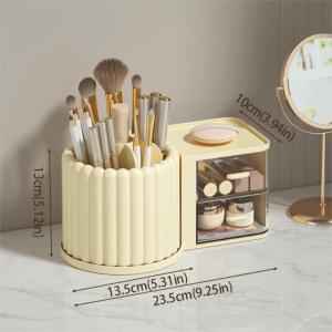 XANTHE 360° Rotating Makeup Brush Holder 2 Drawers Large Capacity Desk Organizer Simple Simple Design Storage Box Countertop Display