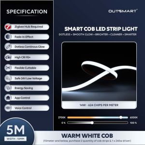 OUTSMART® Zigbee Dotless COB LED Strip – Turnable White Dotless Cove Light High CRI Lighting RGBCW LED Strip