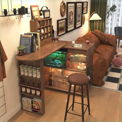 Solid Wood Bar Counter Cabinet Home Living Room Partition Movable Retractable Sideboard Cabinet Small Apartment Mid-Ancient Style Kitchen Island High Bar Table