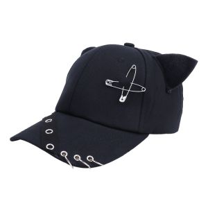 JOANNAUK Rivet Cat Ear Baseball Cap Hiphop Pin Metal Ring Baseball Hat Casual Punk Peaked Cap Girl