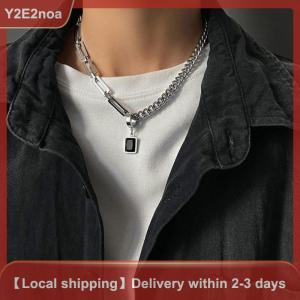 【Y2E2noa】 Creative Hip-hop Tide Simple Black Square Earrings Pendant Necklace Mens Dual-use Design Stainless Steel Stitch Necklace