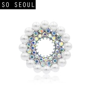 SO SEOUL Quinn Pearl in White Sun Burst Aurore Boreale Crystal with Pearl Scarf Buckle Shawl Brooch