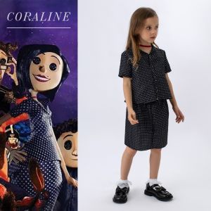 Fast shipping Kids Coraline Cosplay Costume Outfits Coraline Yellow Raincoat Black Uniform Top Skirts Halloween Party Carnival Suit