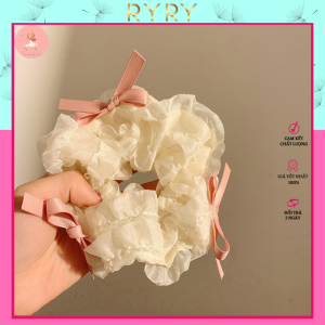 Dây Cột Tóc Scrunchies Bằng Vải Voan Đính Nơ Dễ Thương Cho Nữ