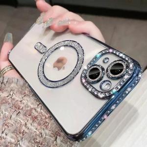 【Super low price】Luxury Bling Crystal Lens Film Case For iPhone 15 16 11 12 13 14 Pro Max 16 Plus Magsafe Magnetic Wireless Charging Clear Cover