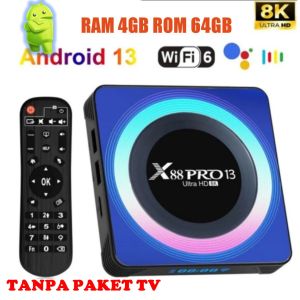 STB Android 13 Smart TV Box Android X88 PRO Ram 4GB Rom 64GB 4/64 Unlock Full Channel TV Iflix Tanpa Bayar Bulanan GRATIS Rockchip RK3528 Quad Core Bluetooth