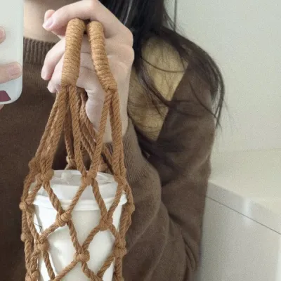 CANGMOTION Woven Water Bottle Bags Hollow Out Net Bag Cup Cover Portable Portable Carrying Bag