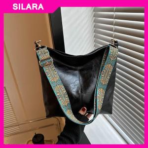 SILARA กระเป๋าสะพายไหล่แฟชั่นวินเทจสีทึบสำหรับผู้หญิงกระเป๋าสะพายข้างทรงถังกว้างแบบเรียบง่ายความจุสูง