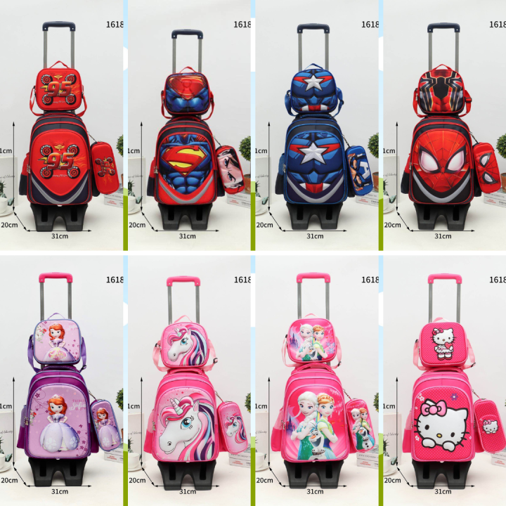 6 wheels Character Trolley Bag 3 In 1 Waterproof School Bag For Kids ...