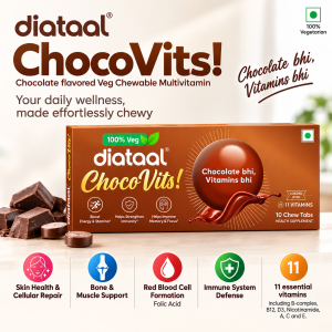 Diataal ChocoVits! Chocolate flavored Veg Chewable Multivitamin 100% Veg Chewable Tablets for Daily Wellness with 11 Essential Vitamins.