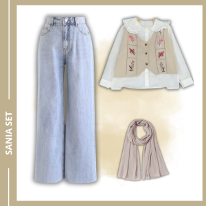 One Set 3In1 Vintage Terbaru (Garden Blouse + Celana Jeans + Pashmina) Cute Outfit CS125 Sania